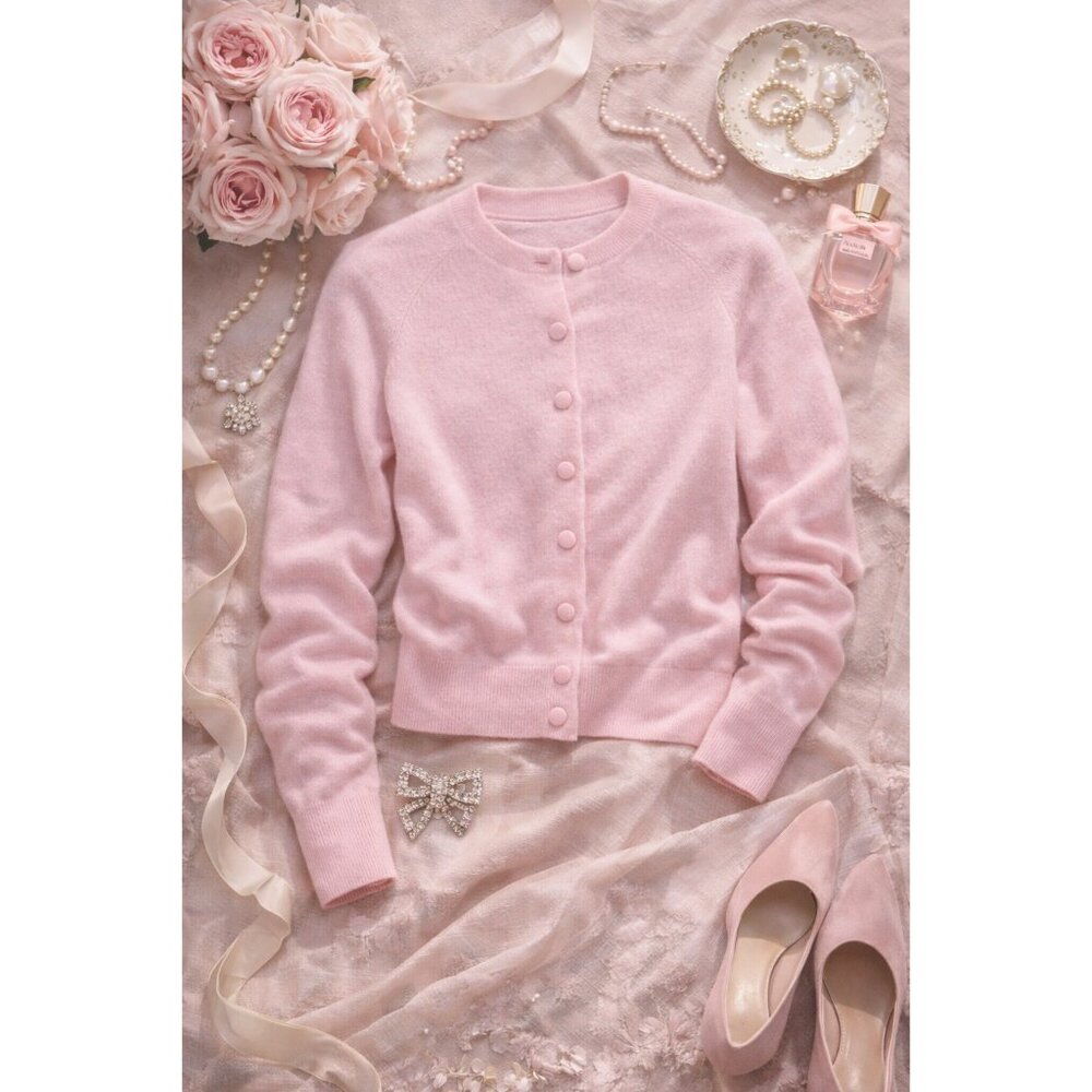 Aqua 100% Cashmere Crewneck Cardigan Cotton Candy Light Pink XS New With Tags - Picture 8 of 15